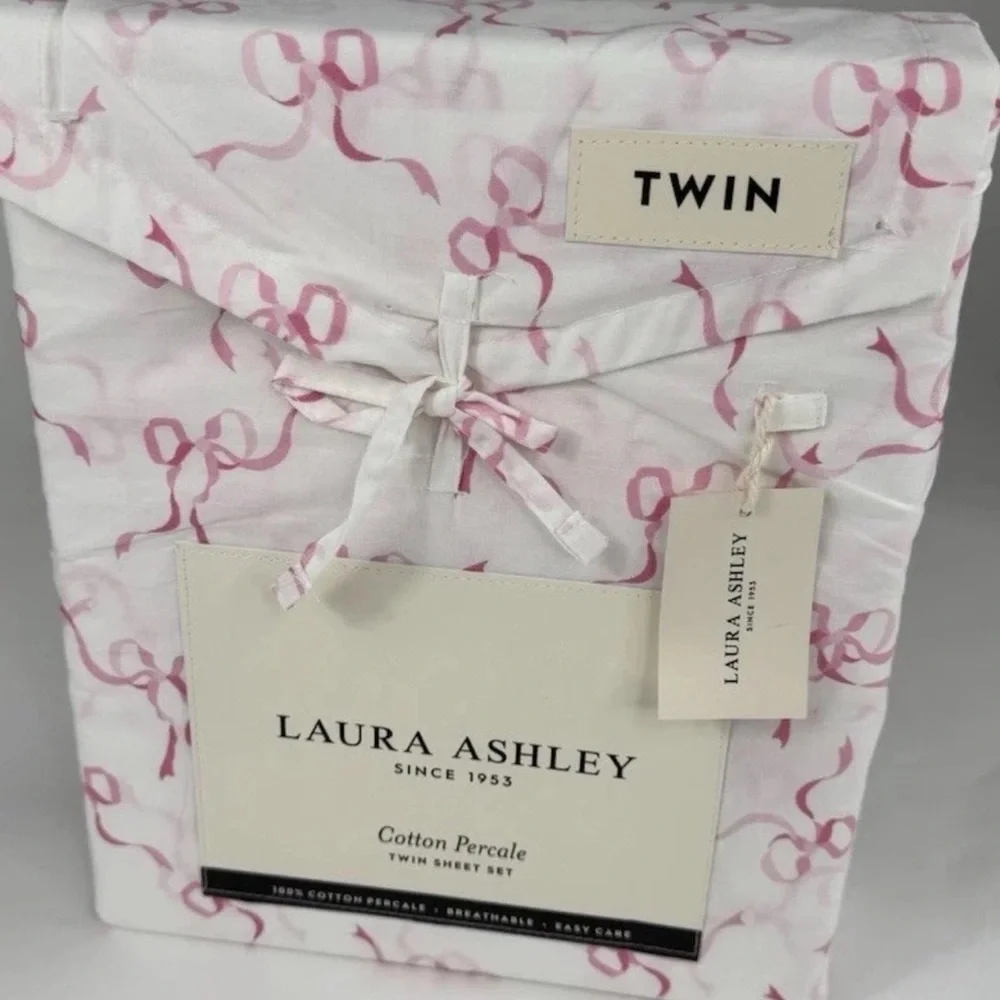 Laura Ashley ~ TWIN Pink Trailing Bows  100% Cotton Percale Breathable 3pc Set - Picture 2 of 6